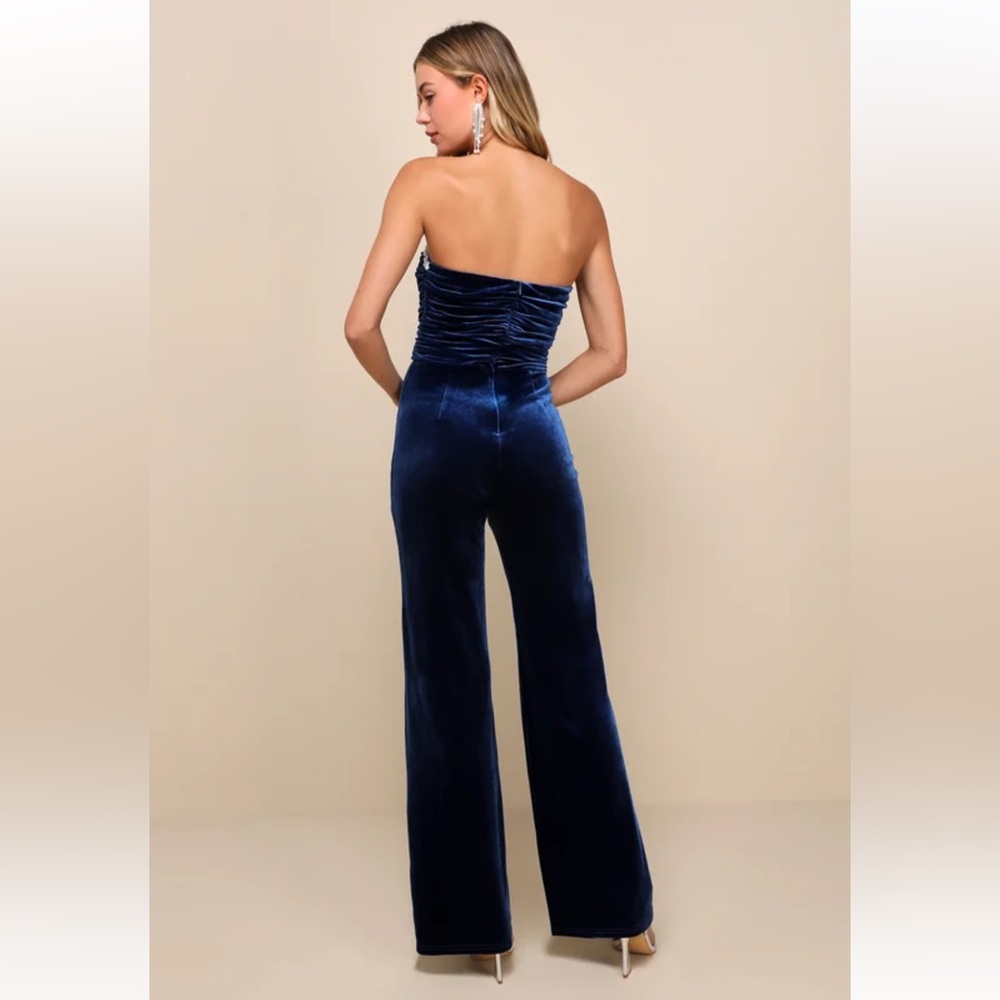 Lulu’s Fabulous Instinct Dark Blue Velvet Pearl Strapless Jumpsuit Sz: M - Picture 5 of 14